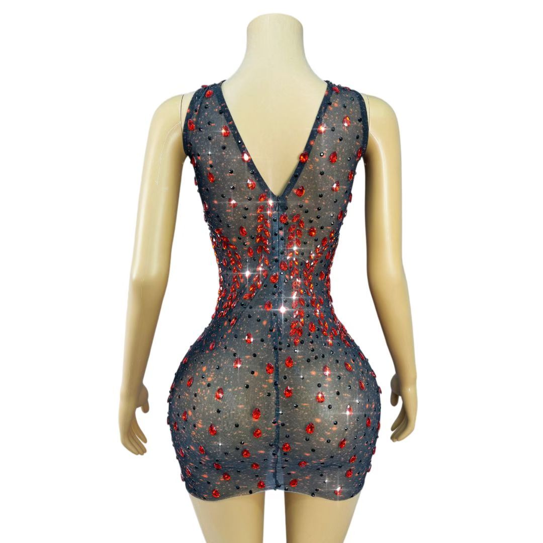 CELESINYI Hongyanyan Crystal Flame Halter Mini Dress