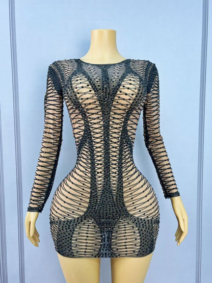 CELESINYI Hedianxian Crystal Black Wire Mini Dress