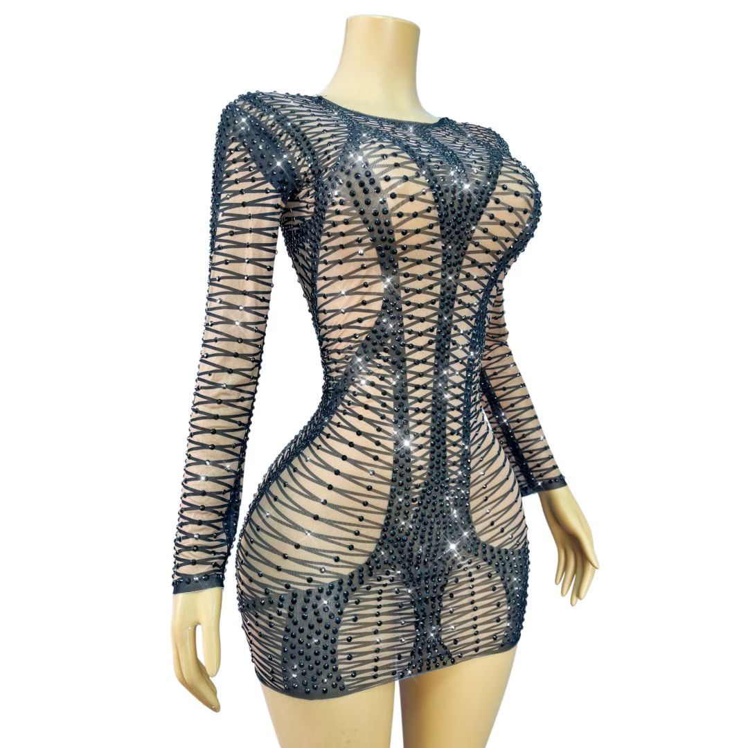 CELESINYI Hedianxian Crystal Black Wire Mini Dress