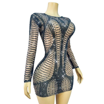 CELESINYI Hedianxian Crystal Black Wire Mini Dress