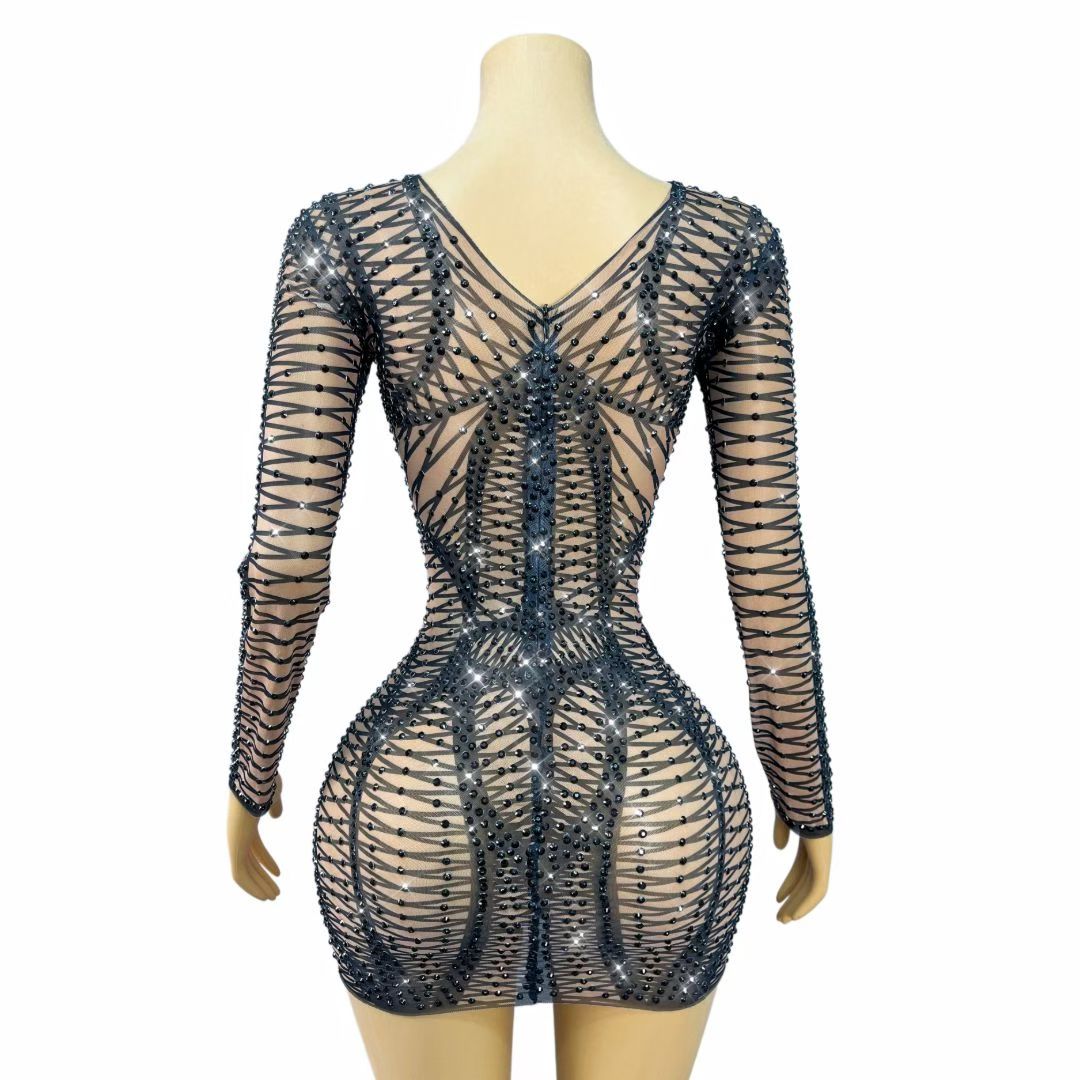 CELESINYI Hedianxian Crystal Black Wire Mini Dress