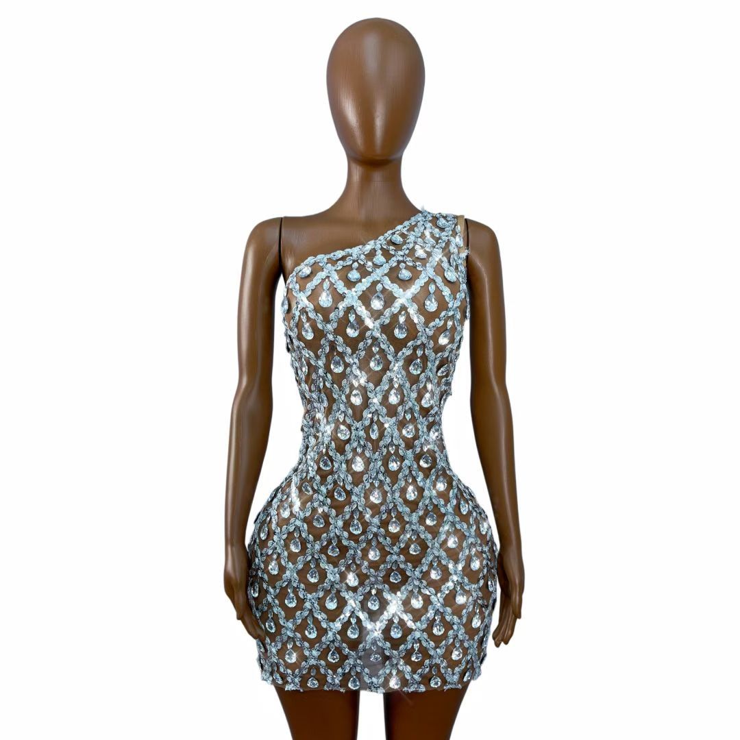 CELESINYI Danjian Crystal One-Shoulder Glitter Mini Dress