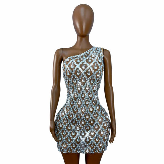 CELESINYI Danjian Crystal One-Shoulder Glitter Mini Dress