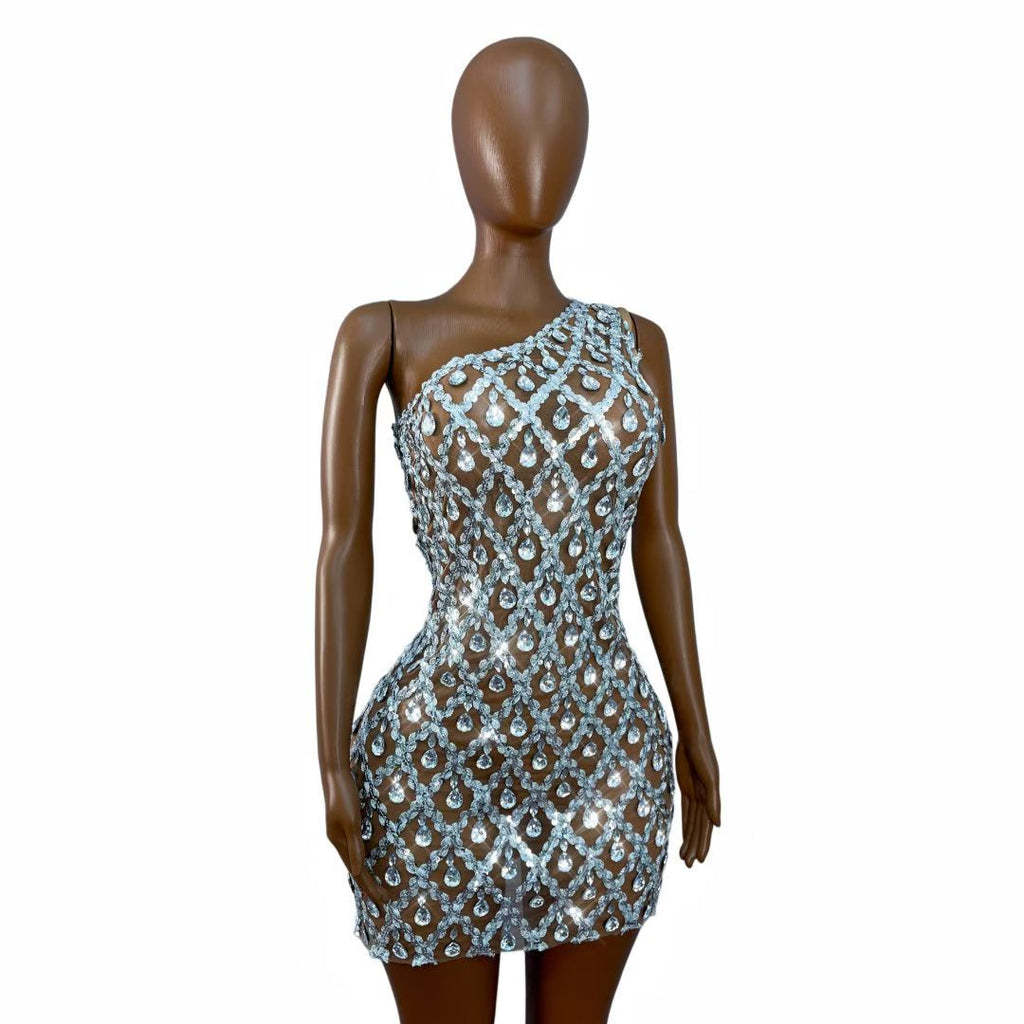 CELESINYI Danjian Crystal One-Shoulder Glitter Mini Dress
