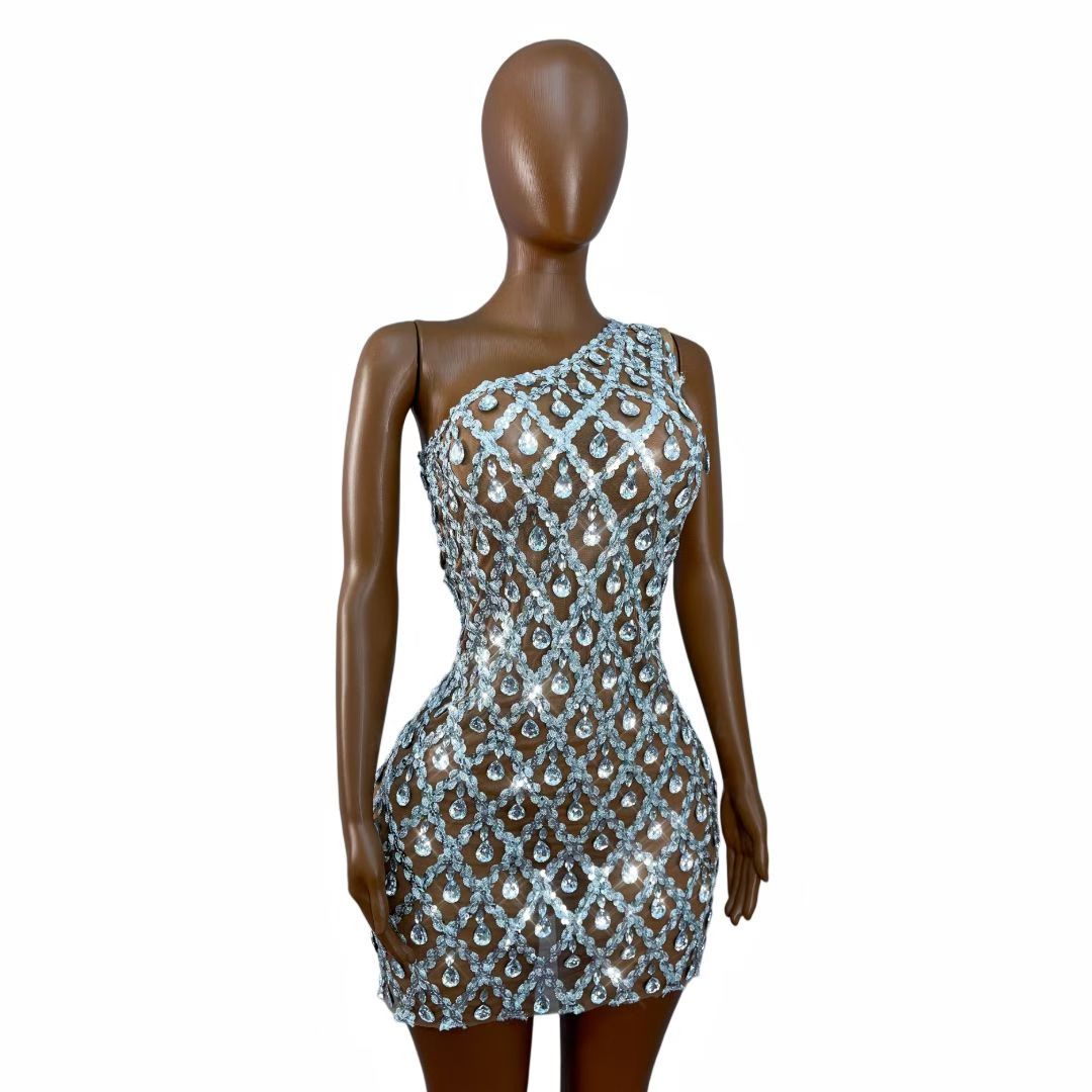 CELESINYI Danjian Crystal One-Shoulder Glitter Mini Dress