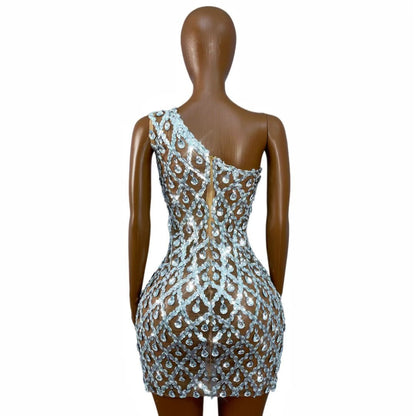 CELESINYI Danjian Crystal One-Shoulder Glitter Mini Dress