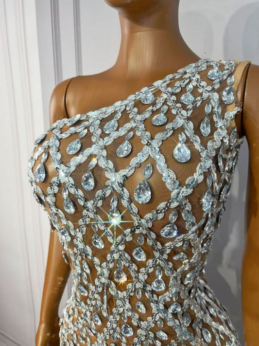 CELESINYI Danjian Crystal One-Shoulder Glitter Mini Dress