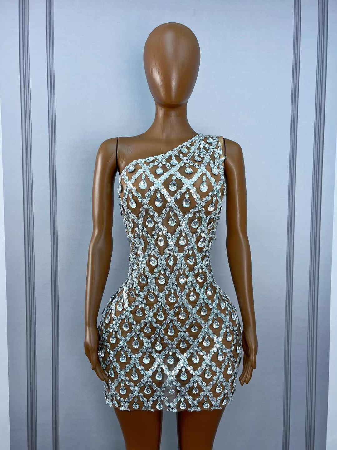 CELESINYI Danjian Crystal One-Shoulder Glitter Mini Dress