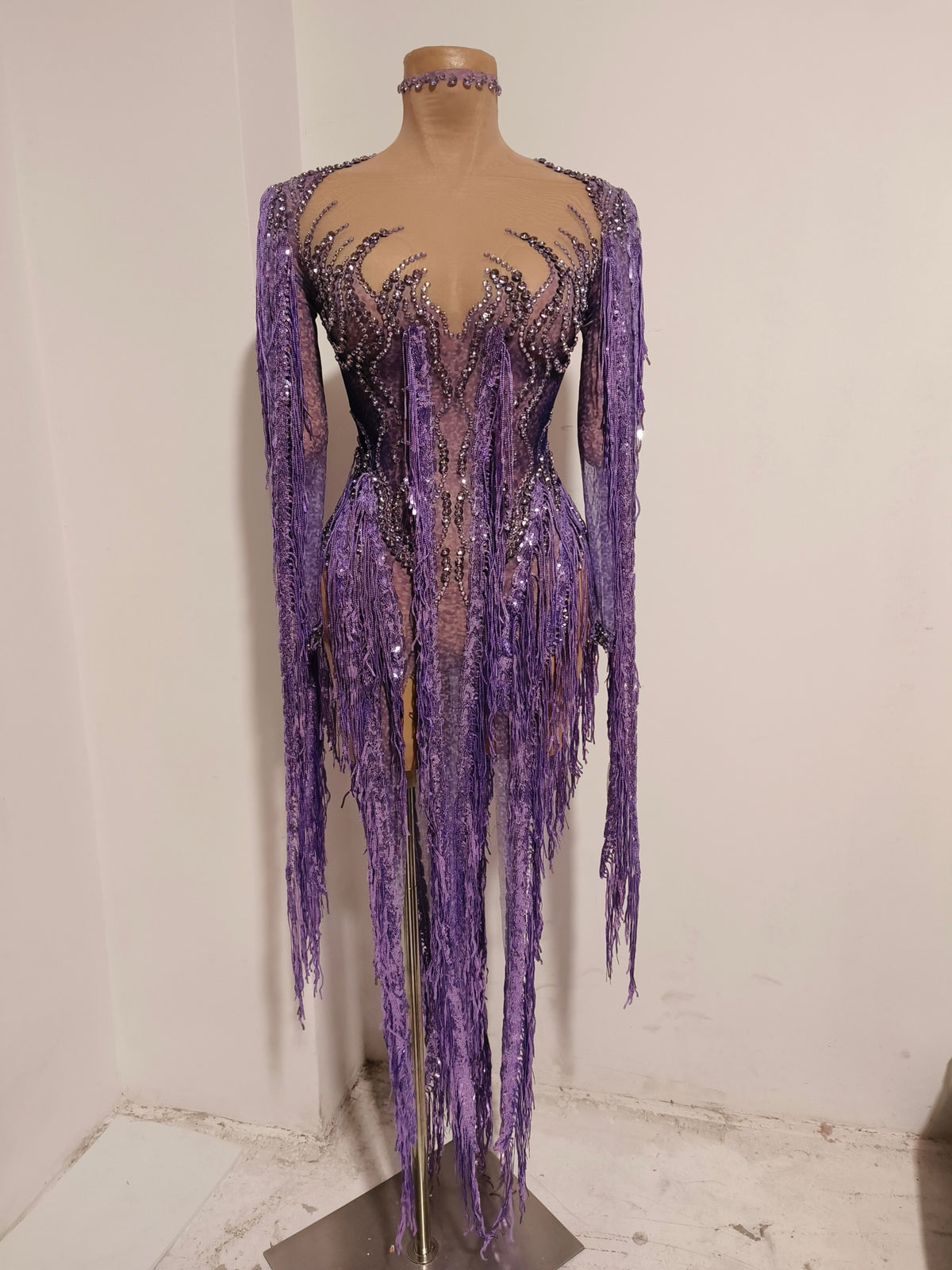CELESINYI Chaomian Crystal Purple Fringe Bodysuit