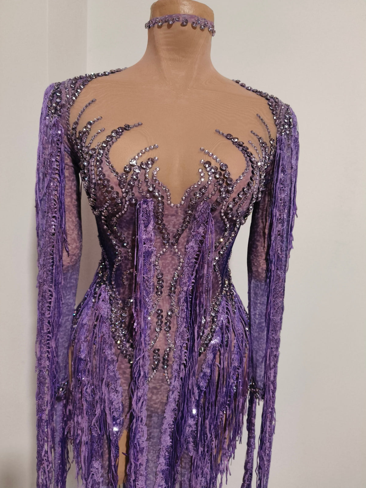 CELESINYI Chaomian Crystal Purple Fringe Bodysuit