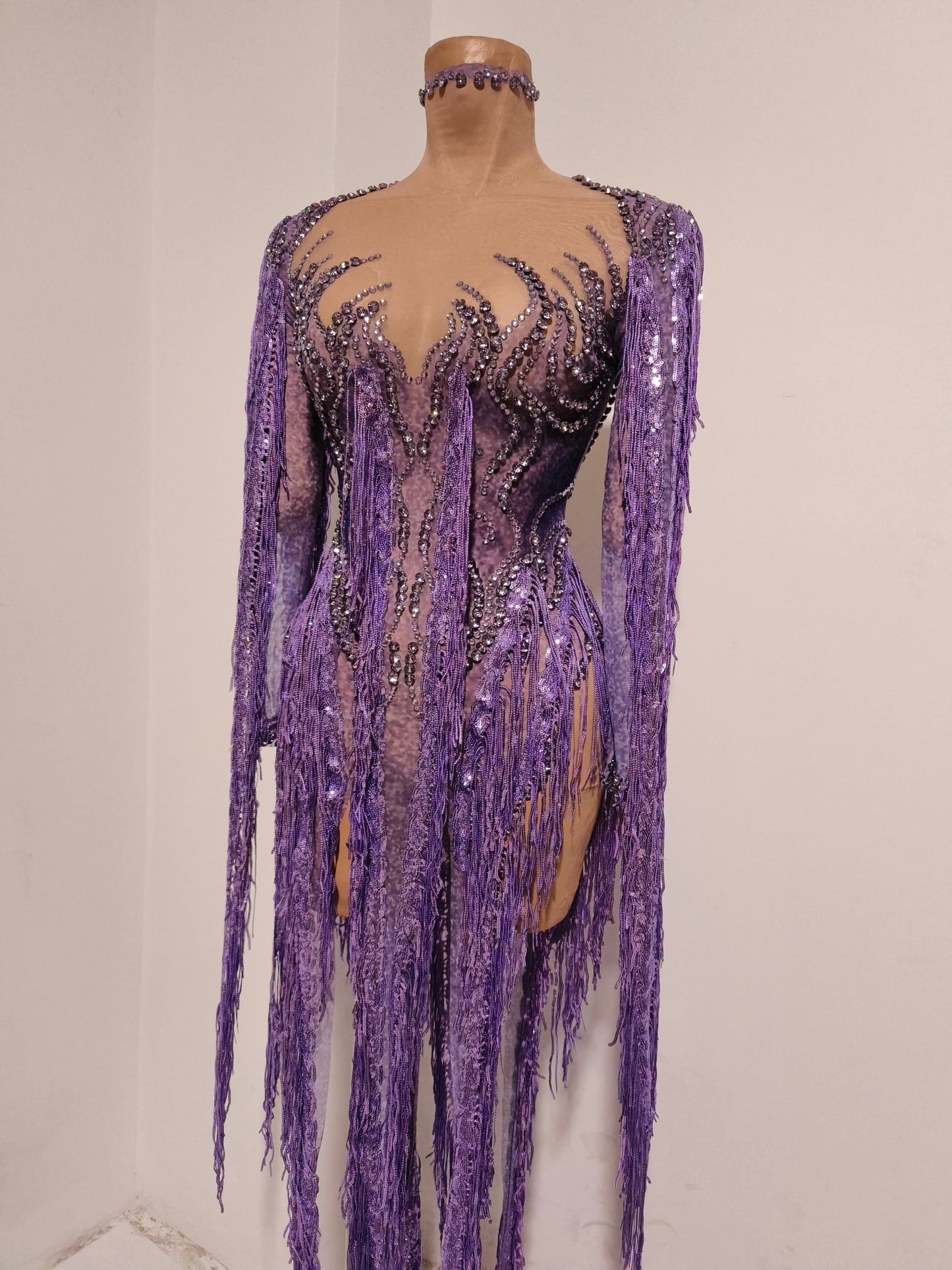 CELESINYI Chaomian Crystal Purple Fringe Bodysuit