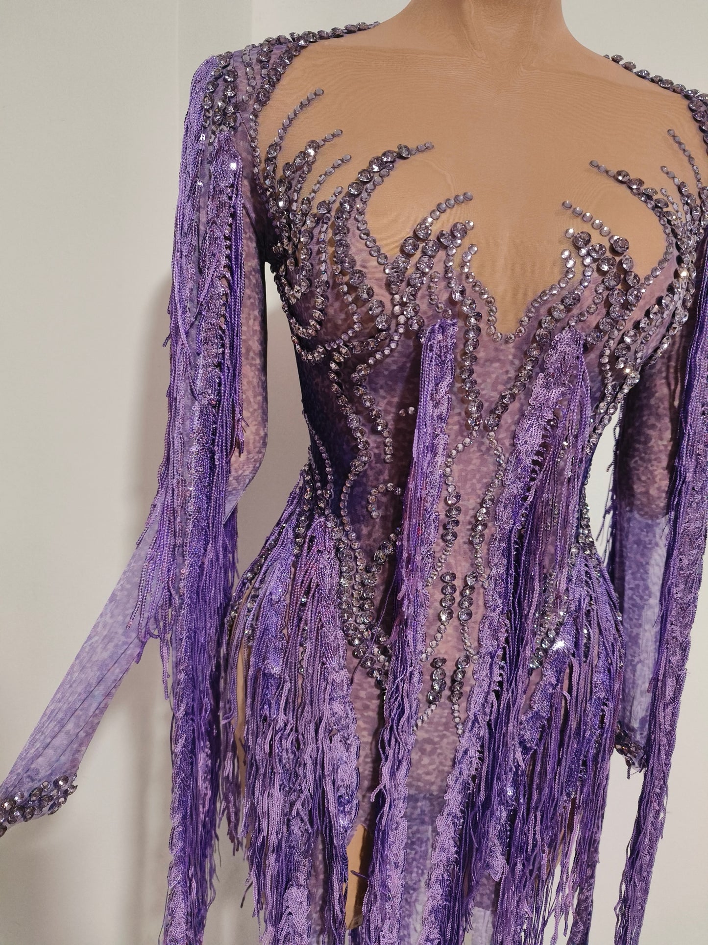 CELESINYI Chaomian Crystal Purple Fringe Bodysuit
