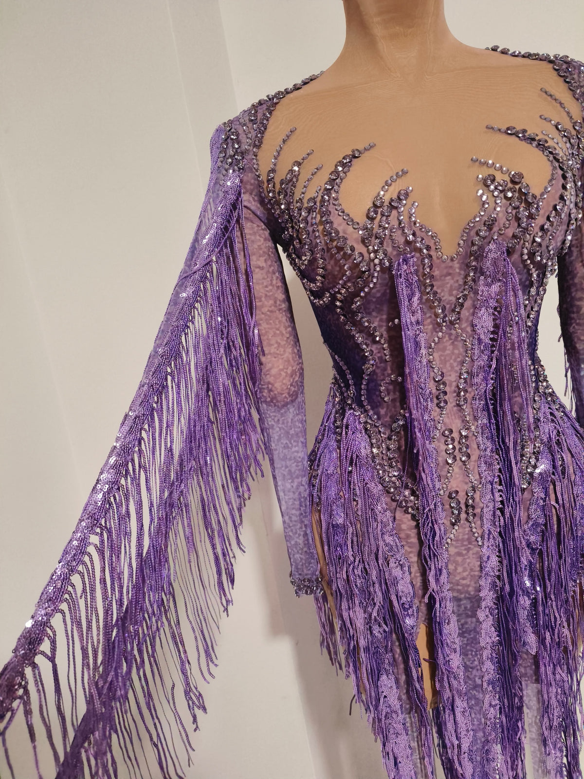 CELESINYI Chaomian Crystal Purple Fringe Bodysuit