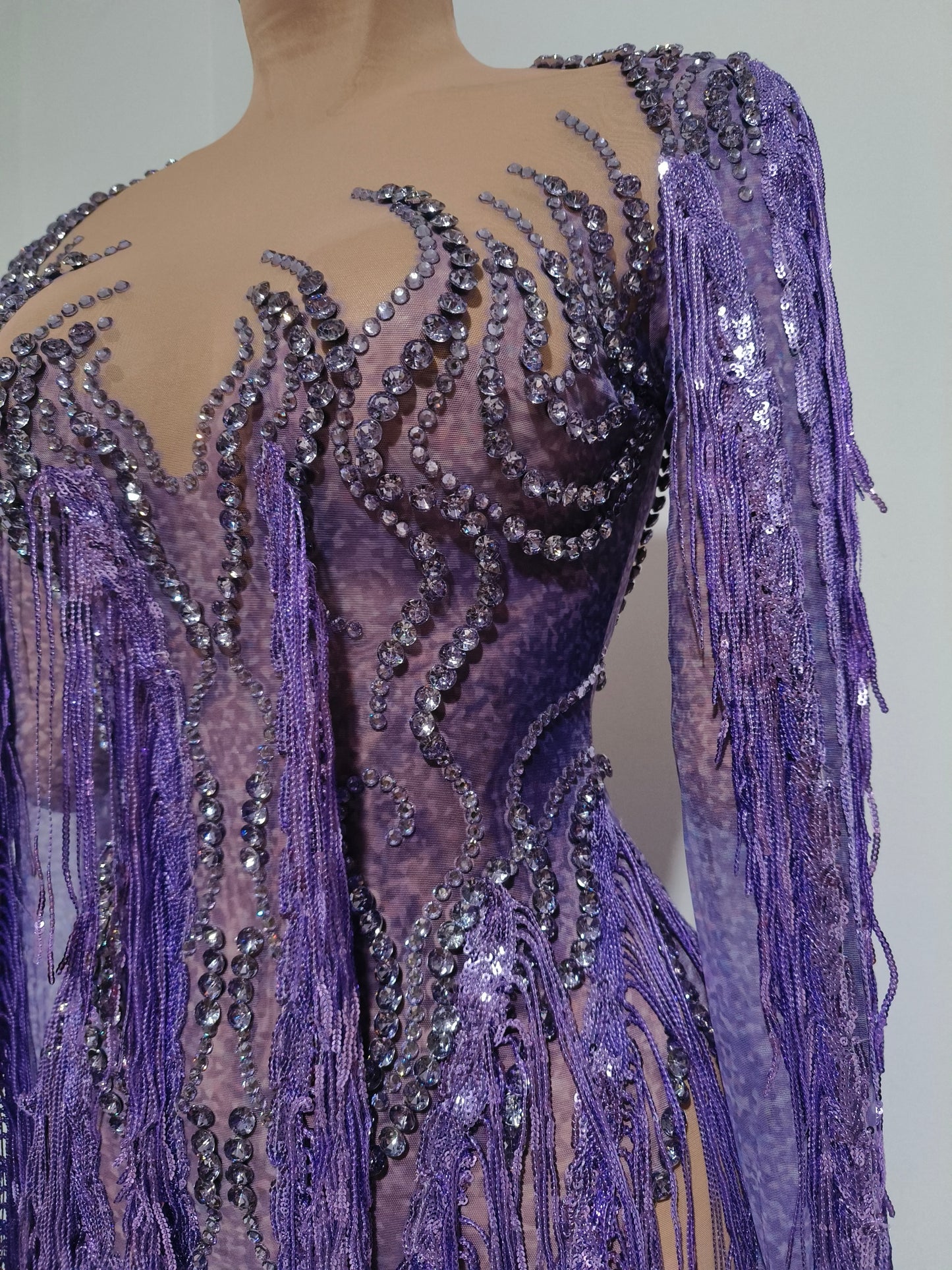 CELESINYI Chaomian Crystal Purple Fringe Bodysuit