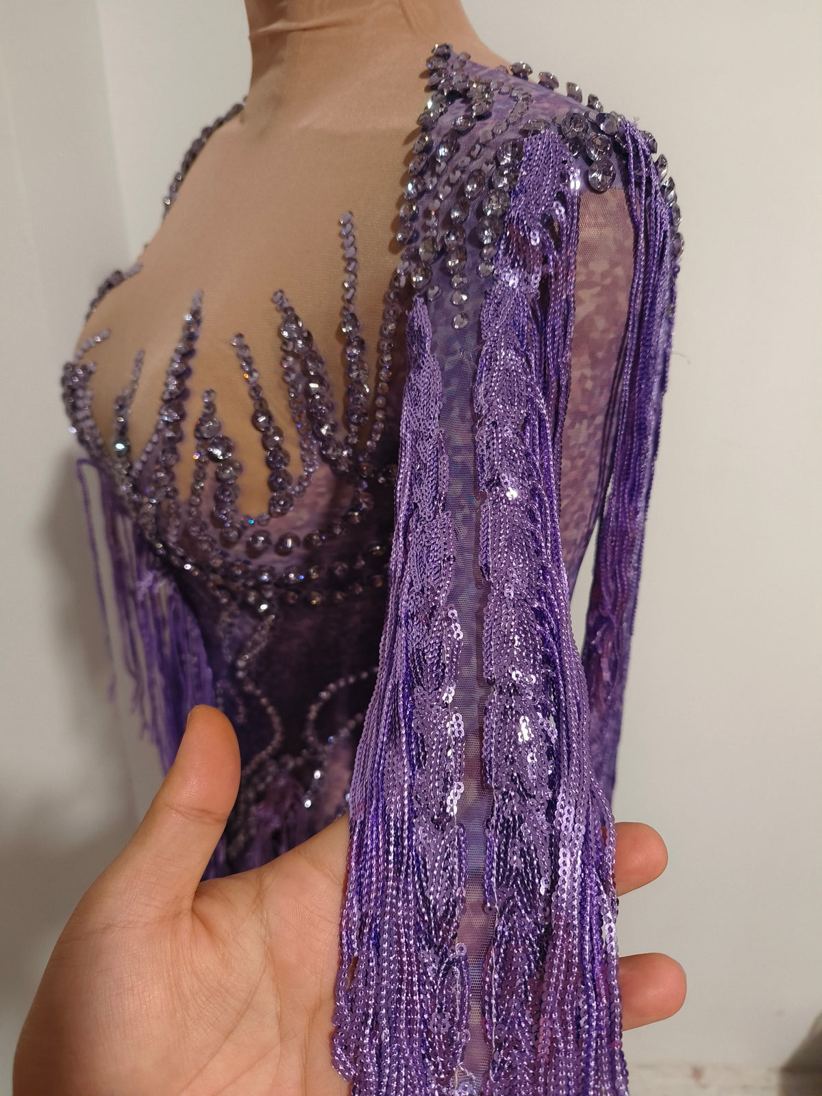 CELESINYI Chaomian Crystal Purple Fringe Bodysuit