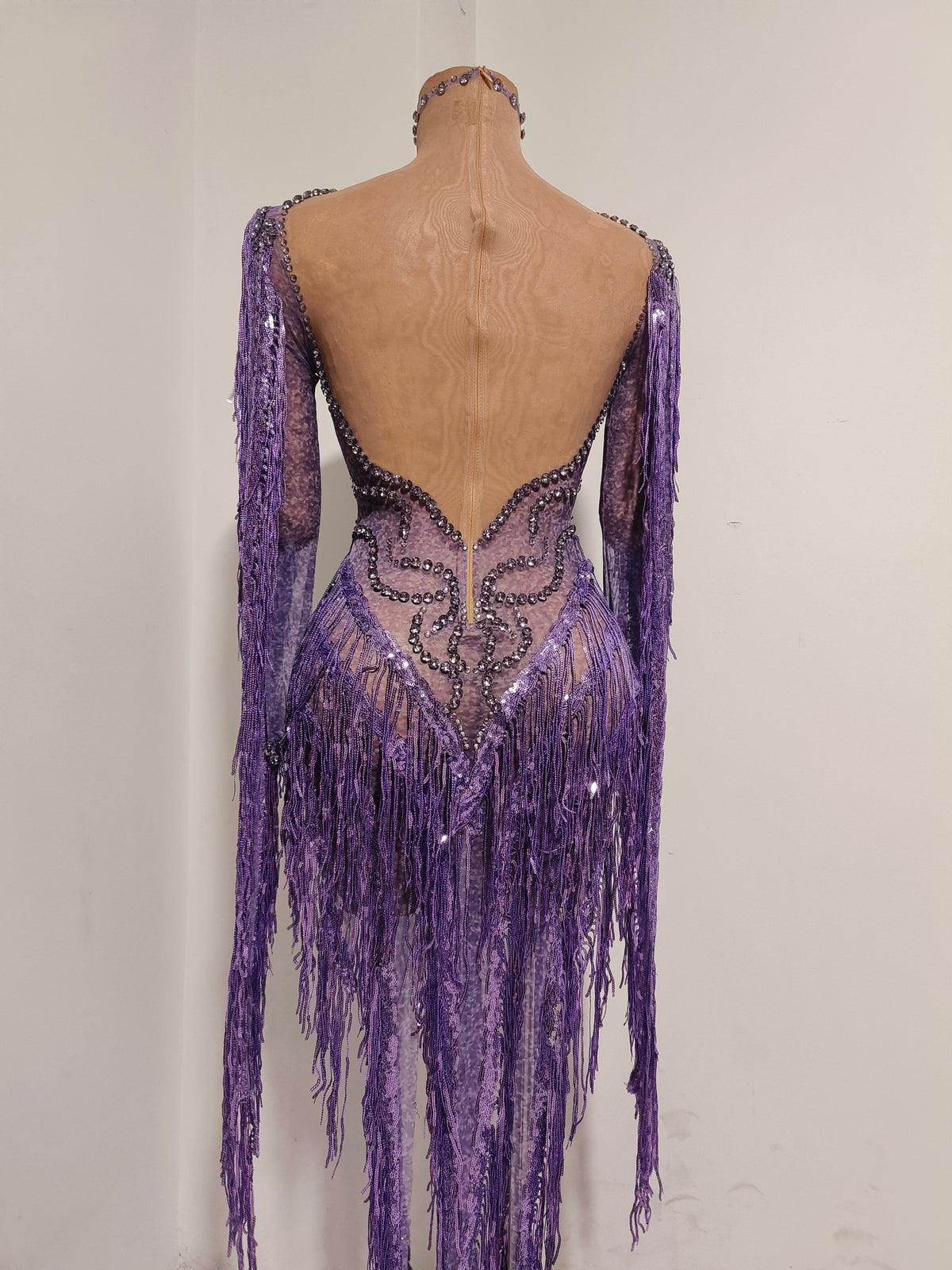 CELESINYI Chaomian Crystal Purple Fringe Bodysuit