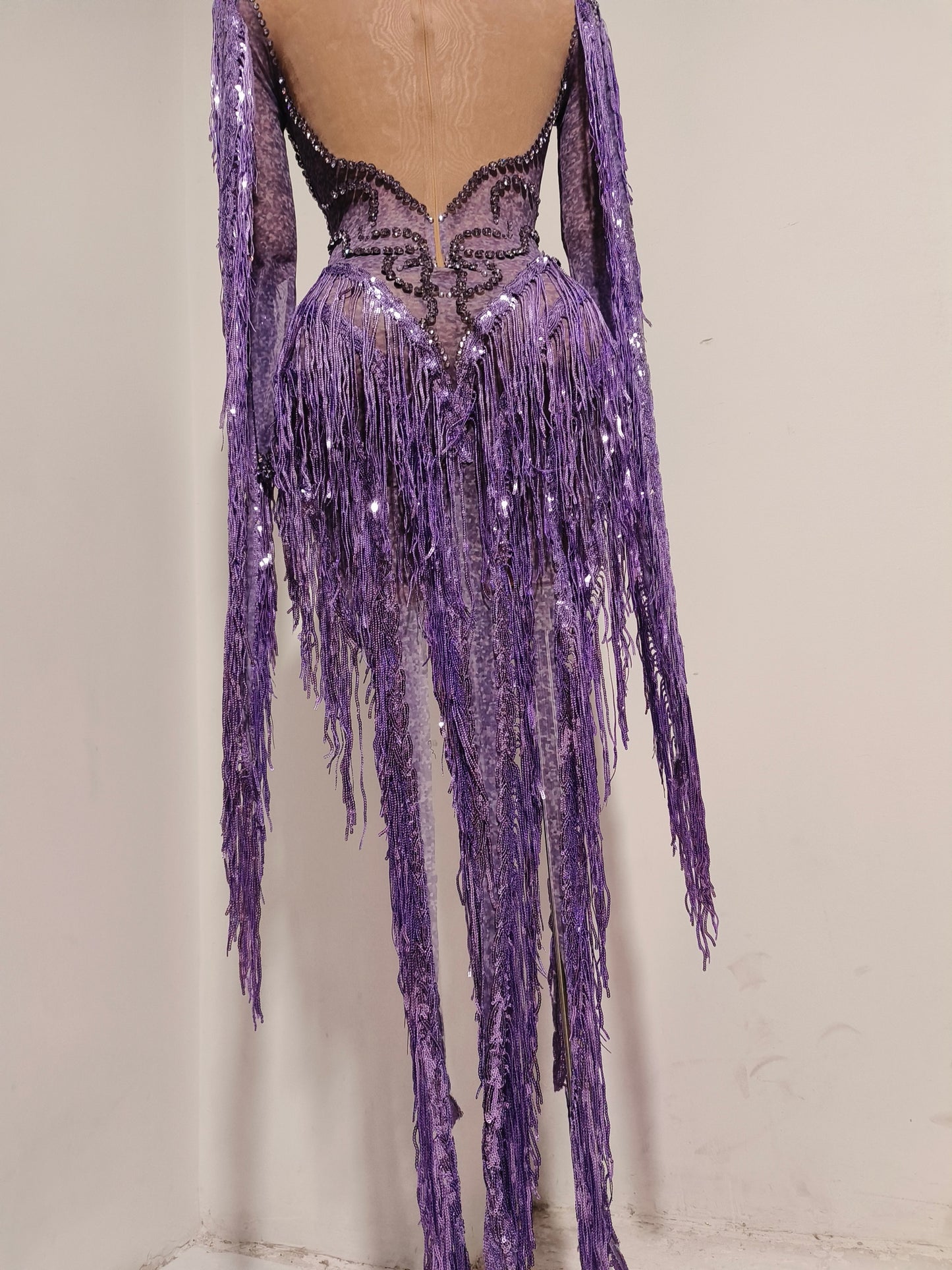CELESINYI Chaomian Crystal Purple Fringe Bodysuit