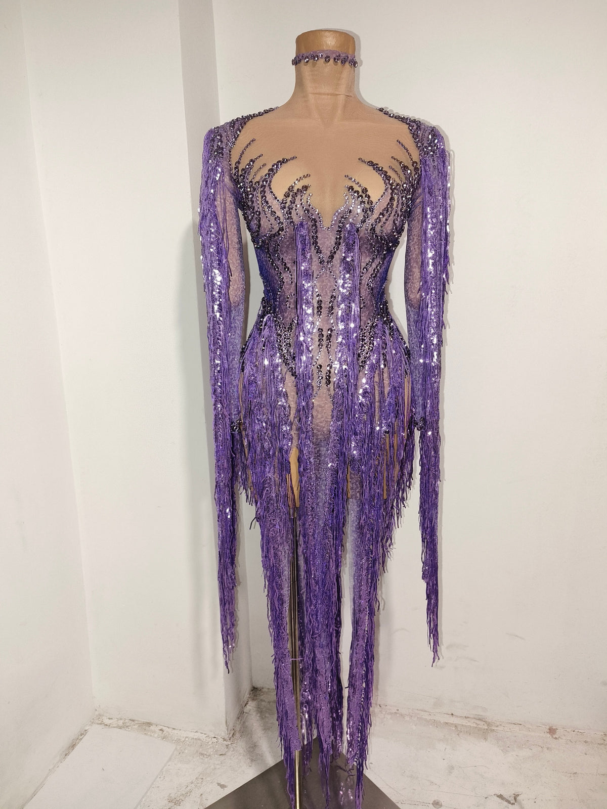 CELESINYI Chaomian Crystal Purple Fringe Bodysuit