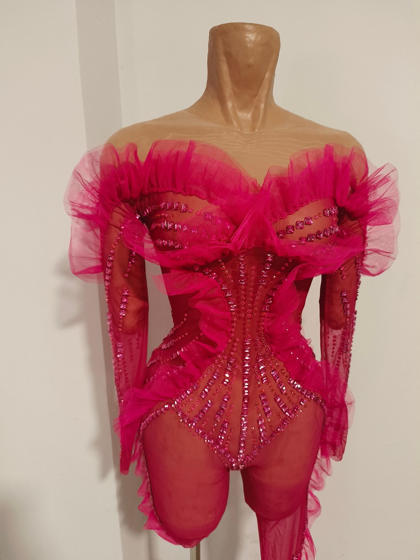 CELESINYI Huahun Crystal Fuchsia Ruffle Catsuit