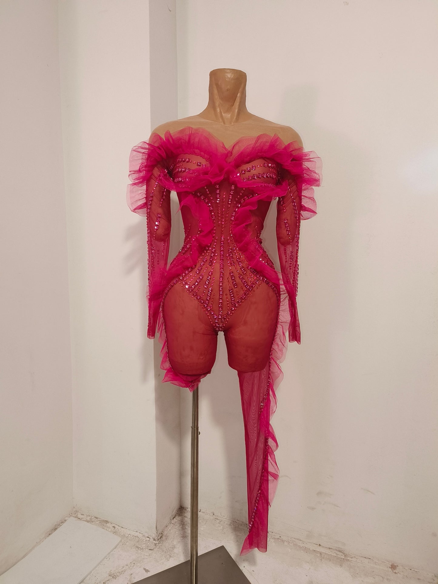 CELESINYI Huahun Crystal Fuchsia Ruffle Catsuit