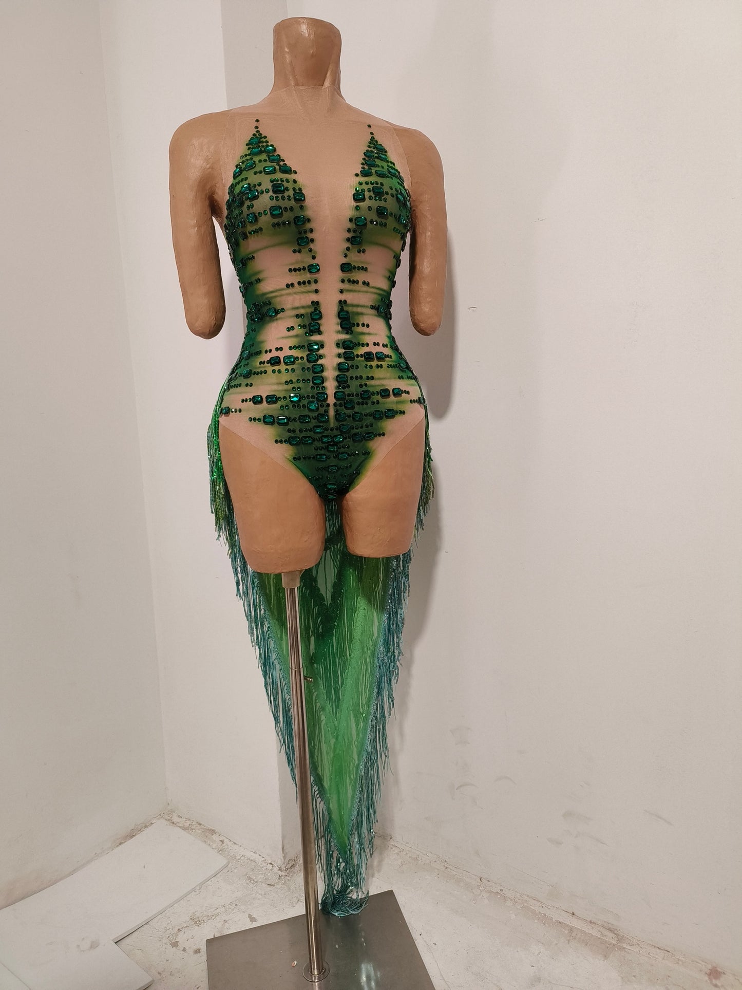 CELESINYI Zacao Crystal Emerald Fringe Bodysuit