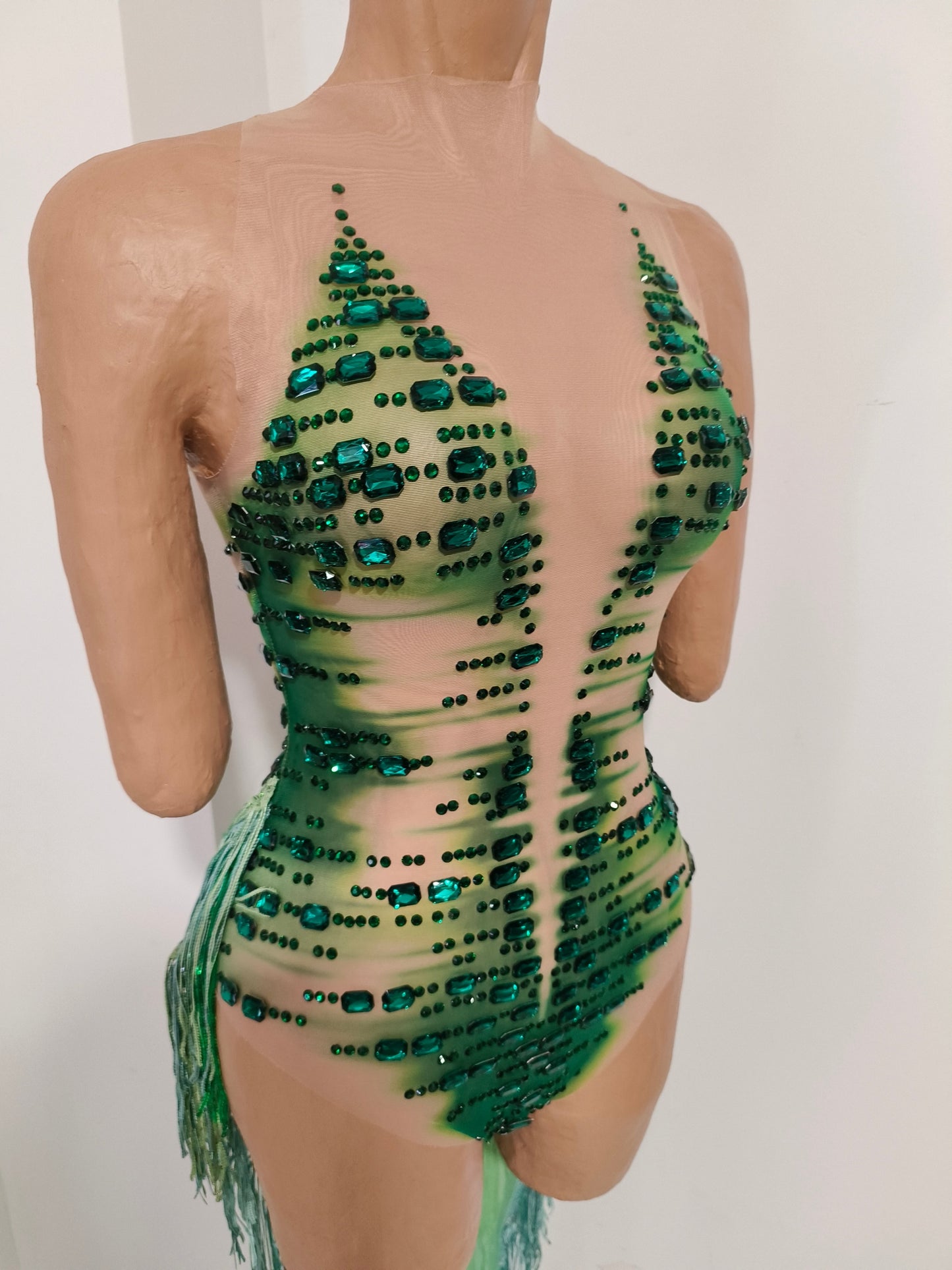 CELESINYI Zacao Crystal Emerald Fringe Bodysuit