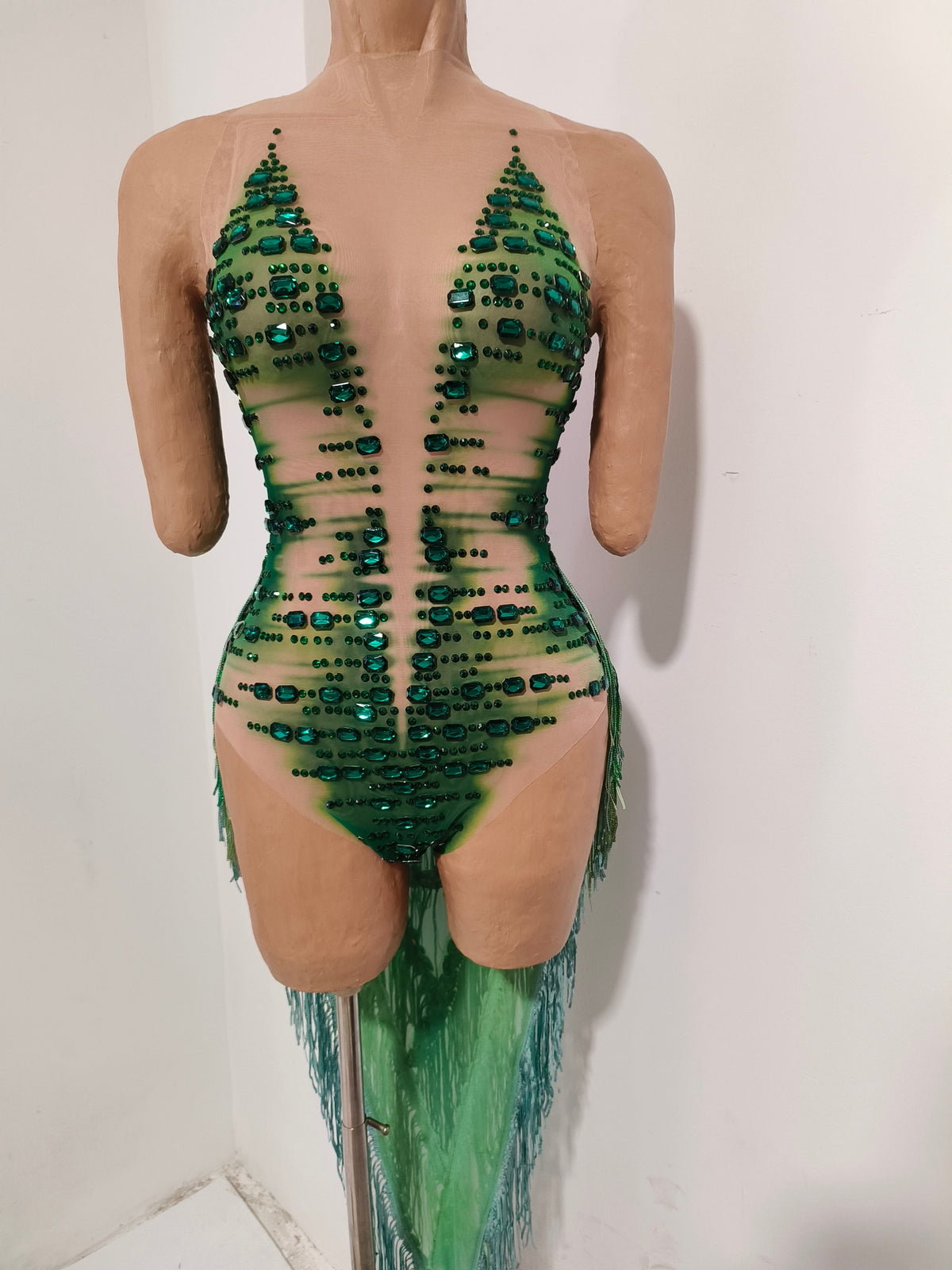 CELESINYI Zacao Crystal Emerald Fringe Bodysuit