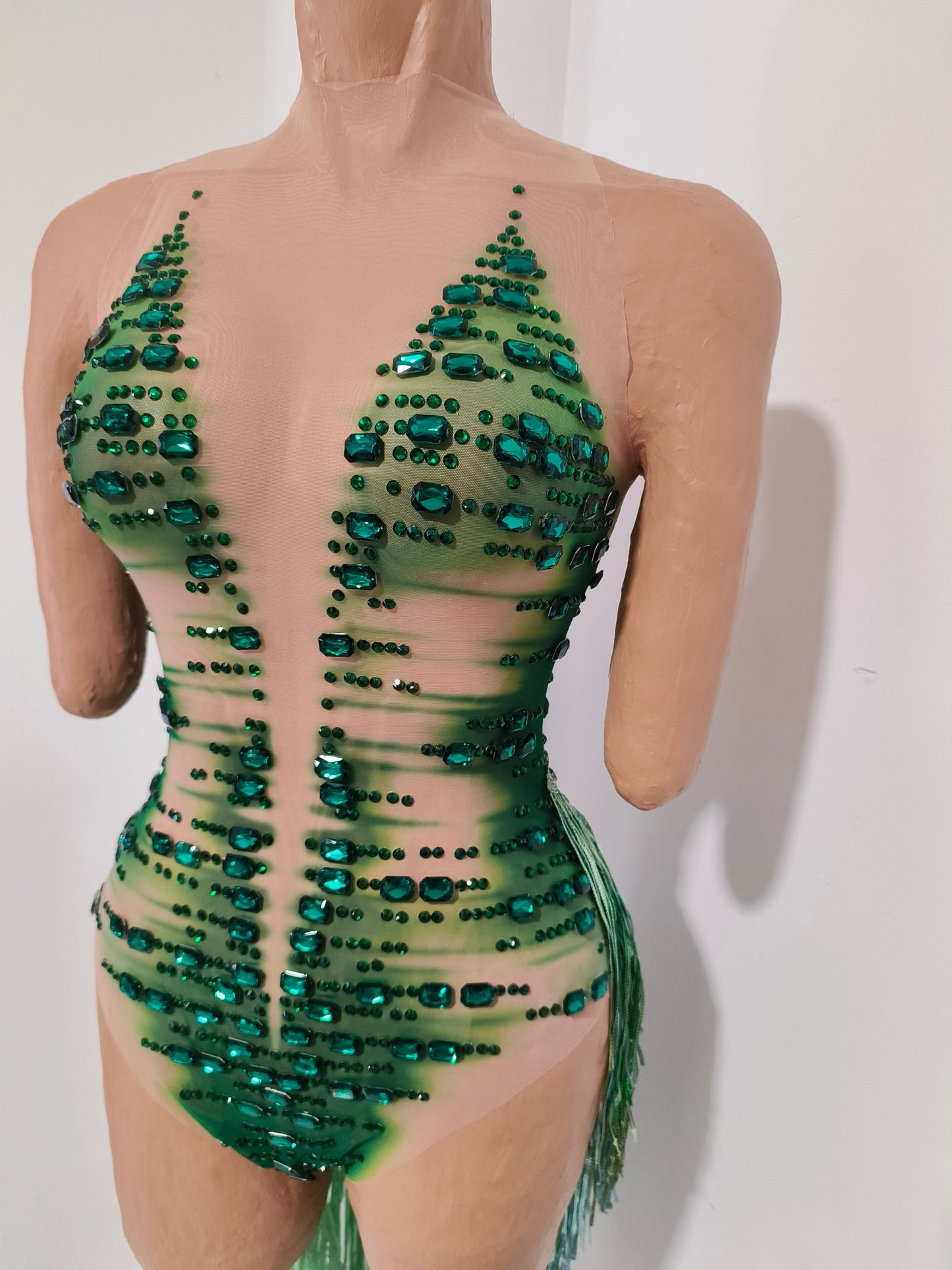 CELESINYI Zacao Crystal Emerald Fringe Bodysuit