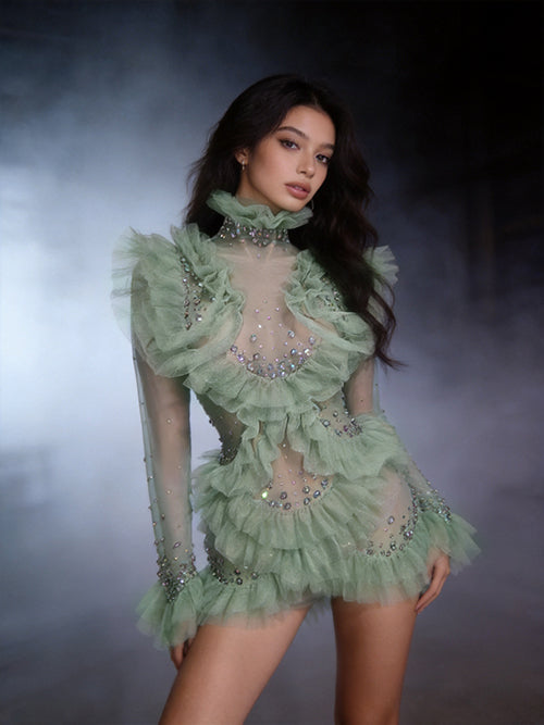 CELESINYI Macha Crystal Sage Ruffle Mini Dress