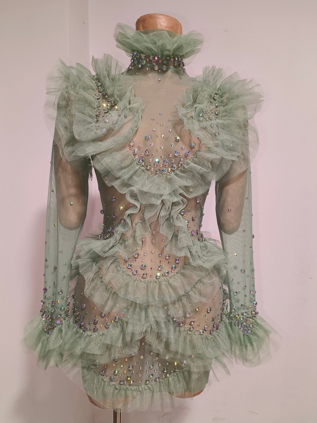 CELESINYI Macha Crystal Sage Ruffle Mini Dress