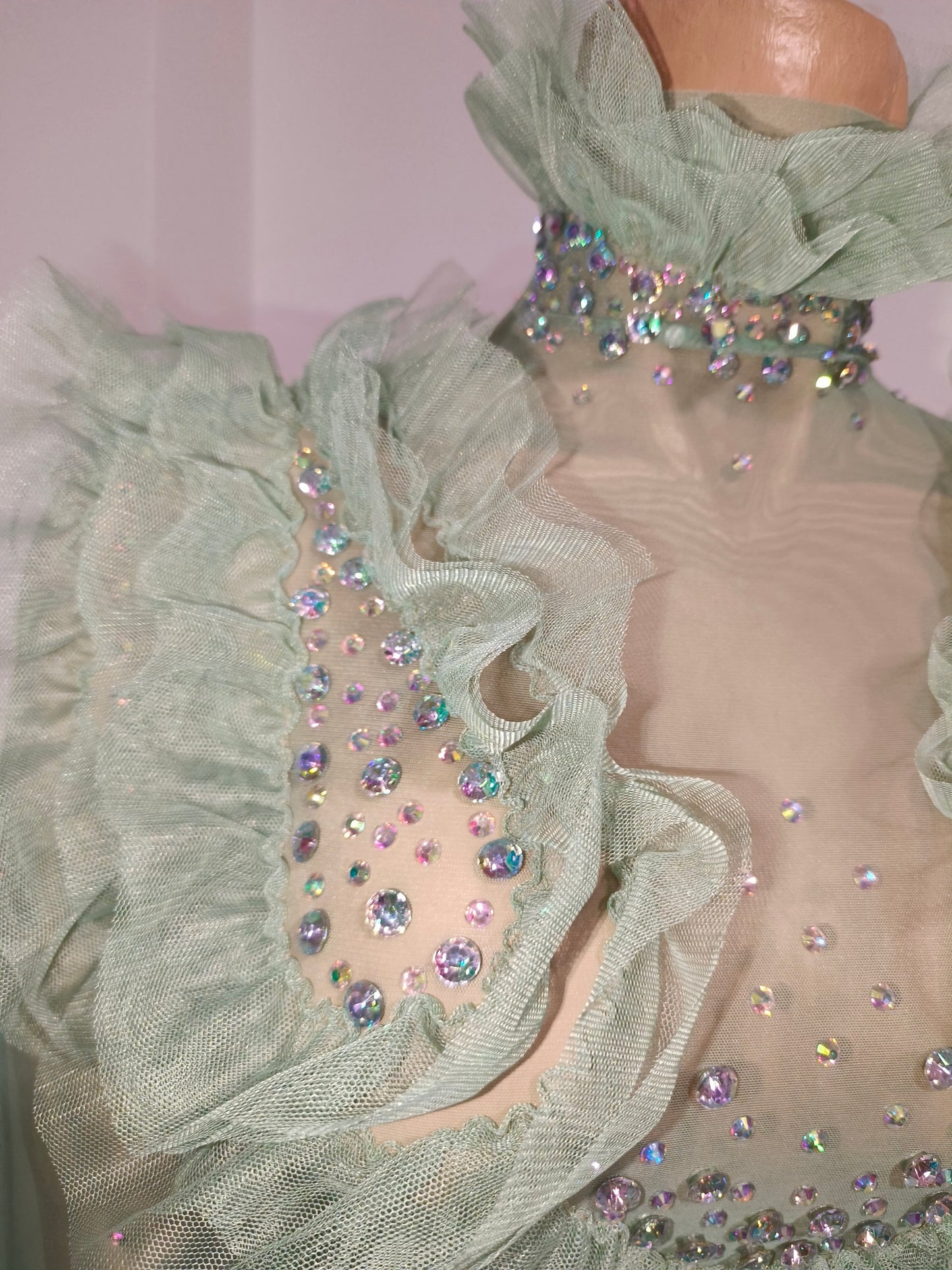 CELESINYI Macha Crystal Sage Ruffle Mini Dress