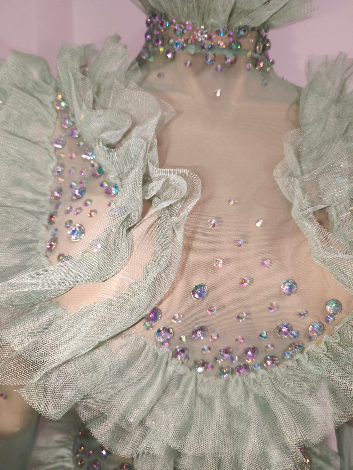 CELESINYI Macha Crystal Sage Ruffle Mini Dress