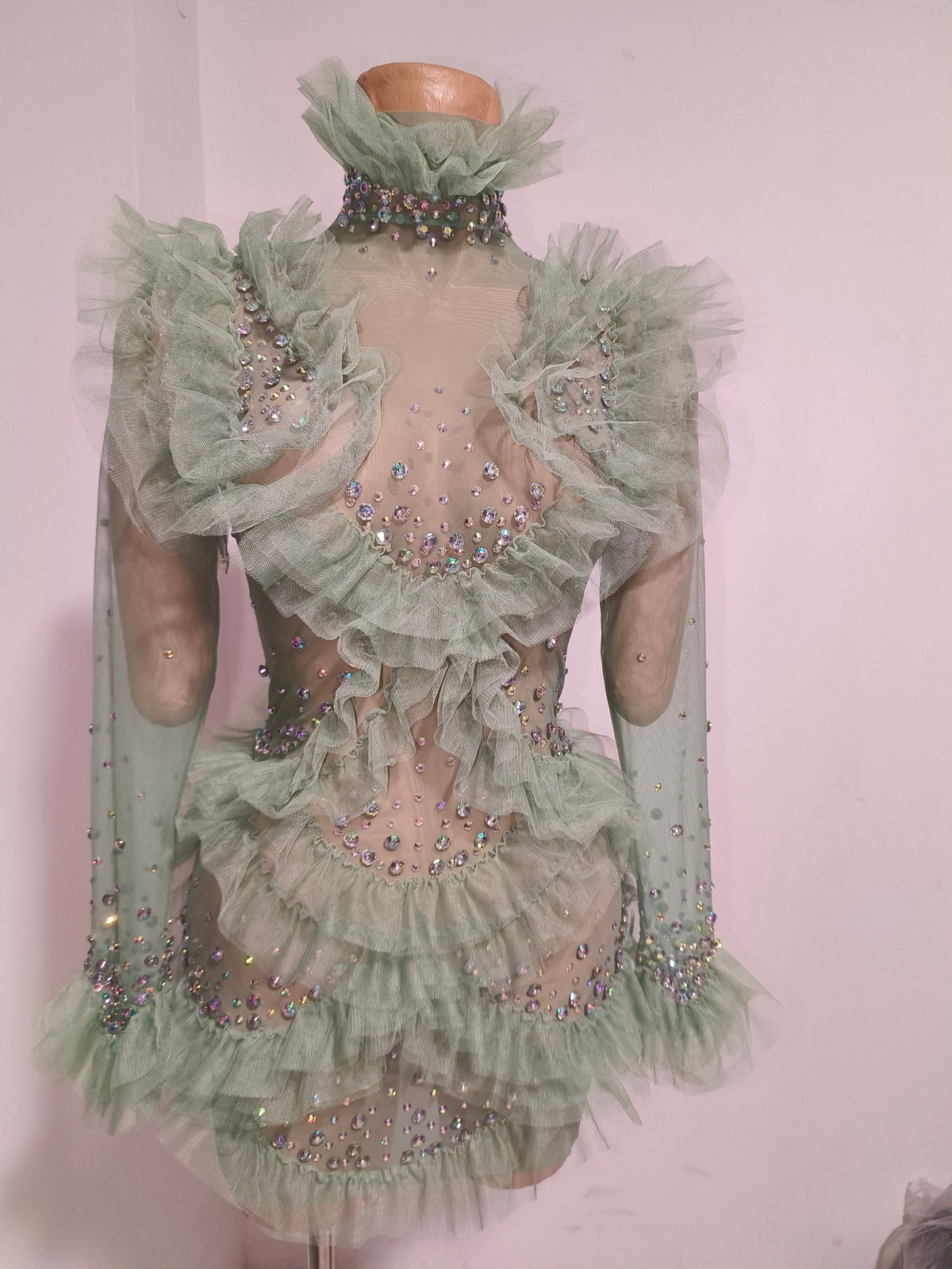 CELESINYI Macha Crystal Sage Ruffle Mini Dress