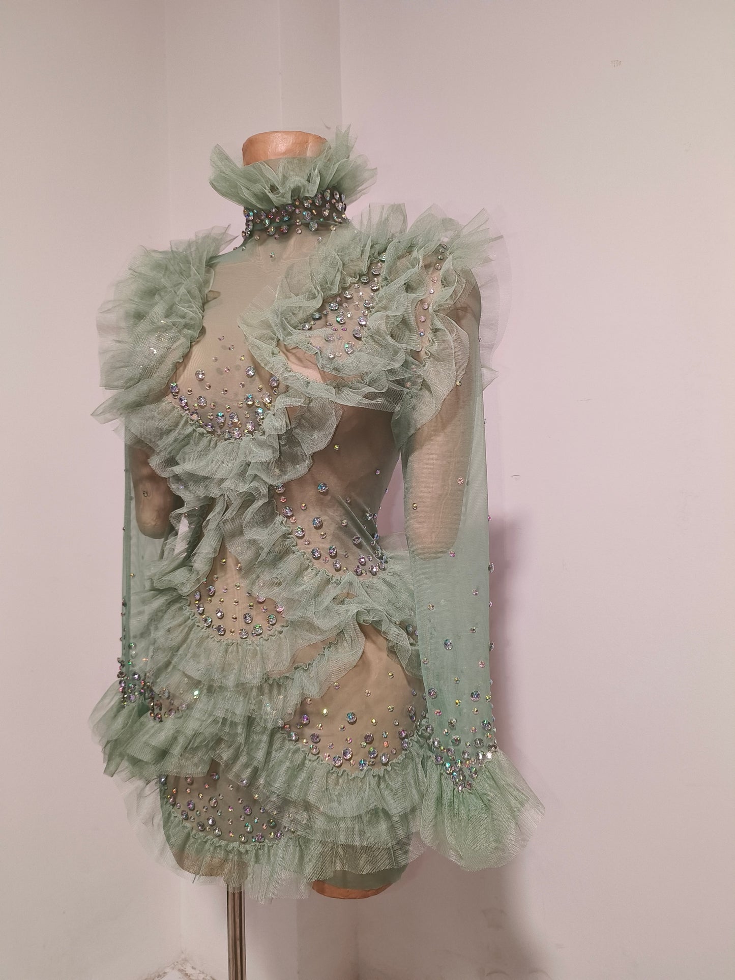 CELESINYI Macha Crystal Sage Ruffle Mini Dress