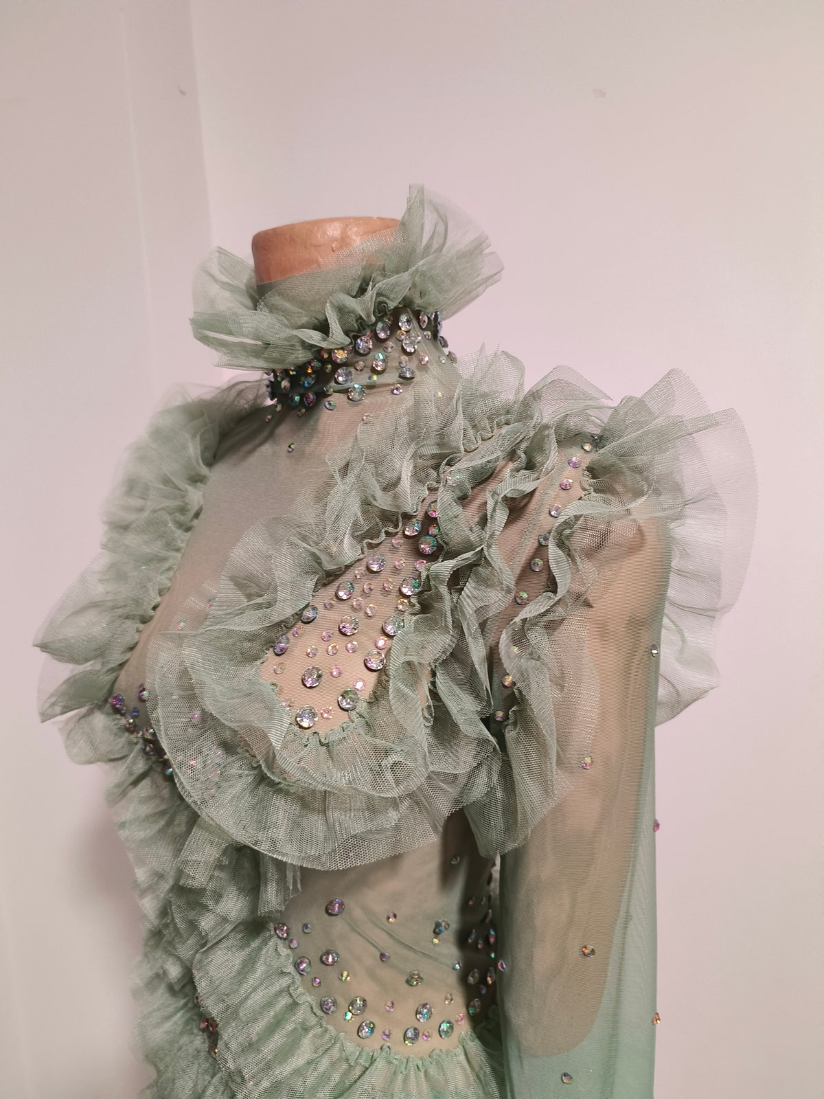 CELESINYI Macha Crystal Sage Ruffle Mini Dress