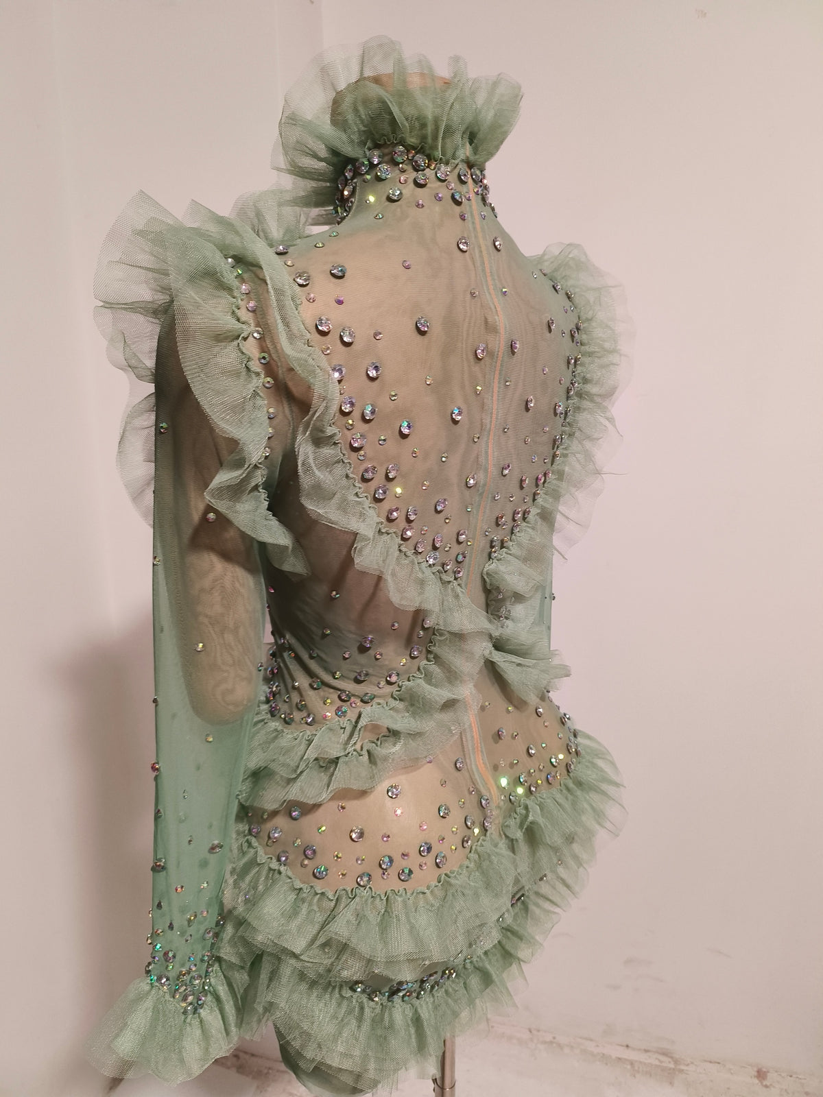 CELESINYI Macha Crystal Sage Ruffle Mini Dress