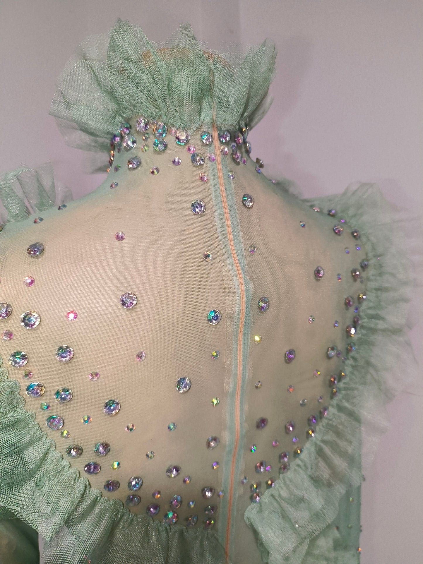 CELESINYI Macha Crystal Sage Ruffle Mini Dress
