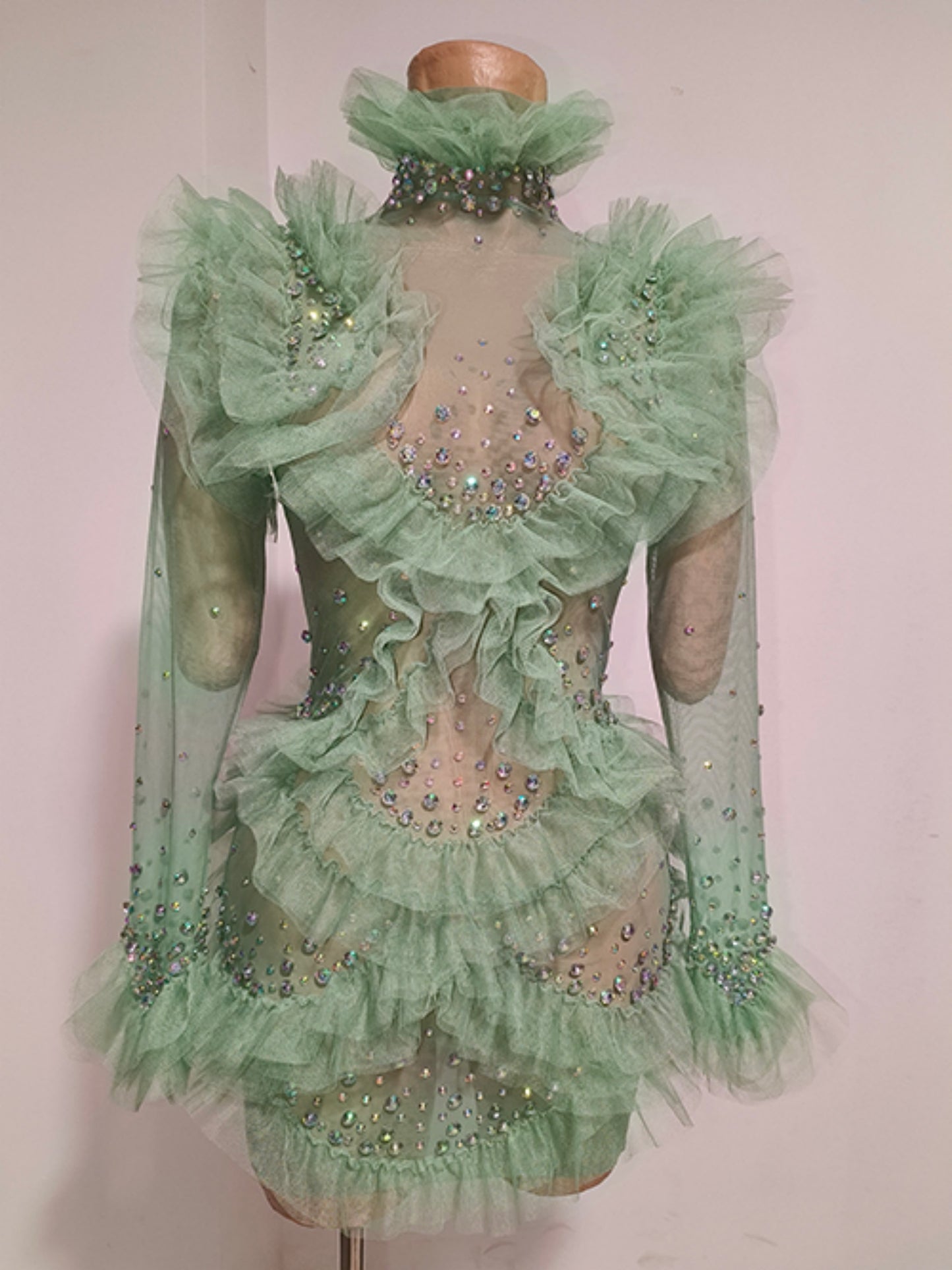 CELESINYI Macha Crystal Sage Ruffle Mini Dress
