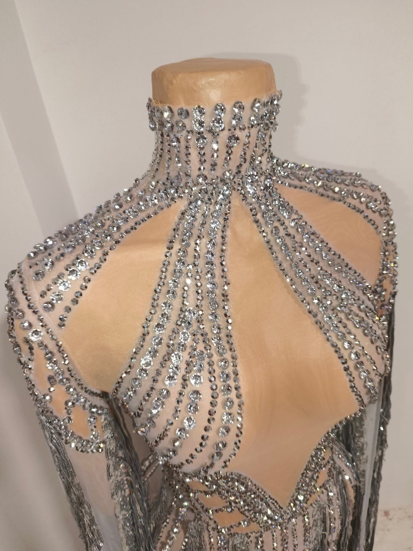 CELESINYI Tianhe Crystal Silver Cape Fringe Bodysuit
