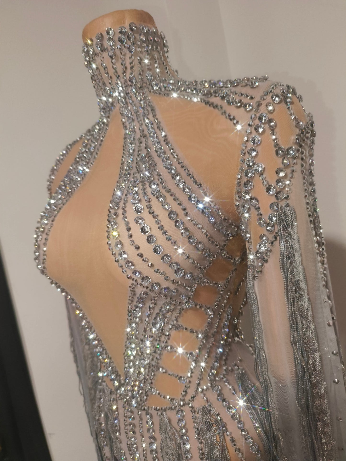 CELESINYI Tianhe Crystal Silver Cape Fringe Bodysuit