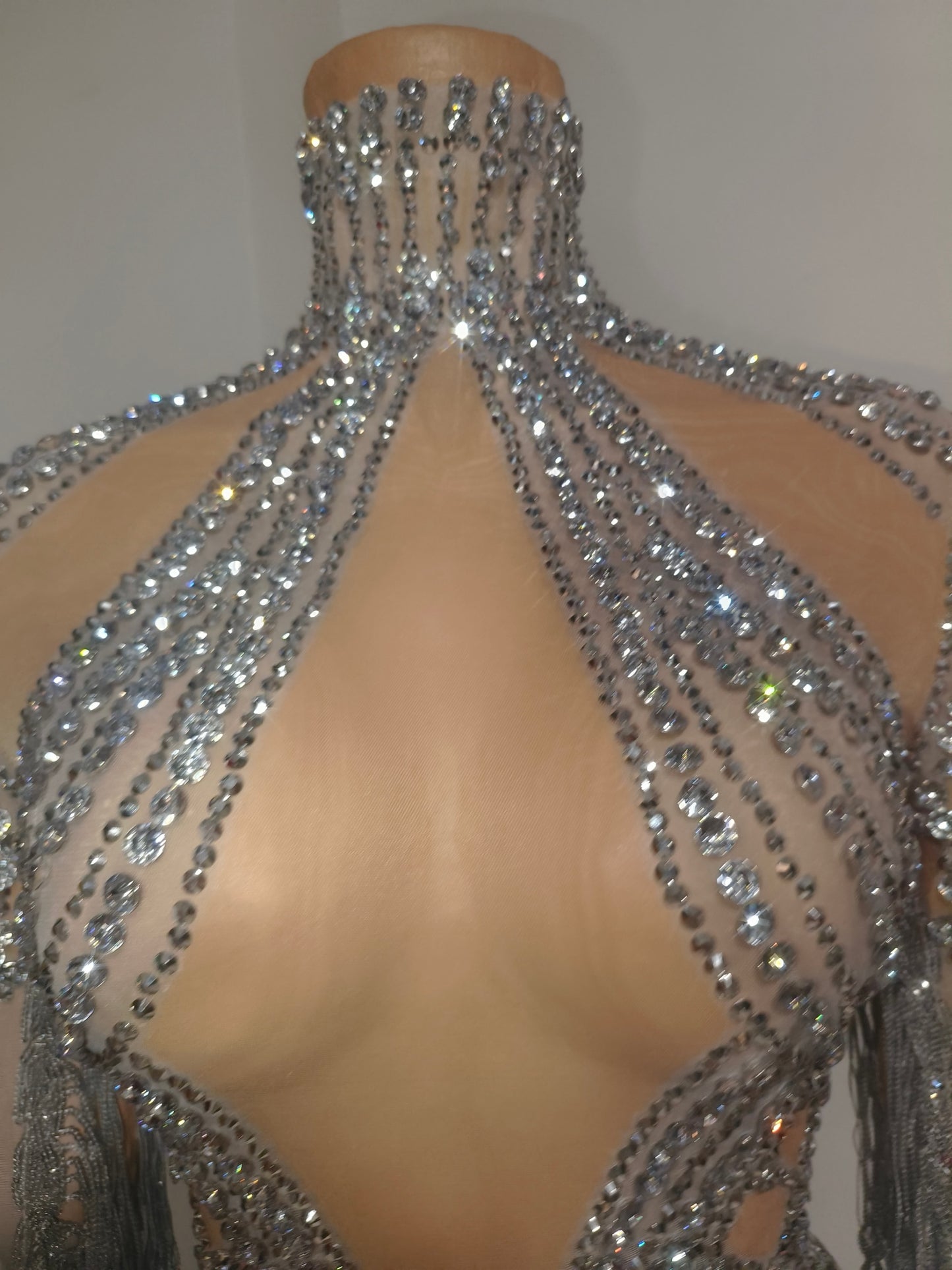 CELESINYI Tianhe Crystal Silver Cape Fringe Bodysuit