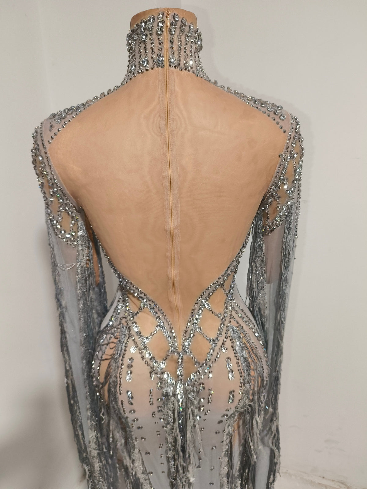 CELESINYI Tianhe Crystal Silver Cape Fringe Bodysuit