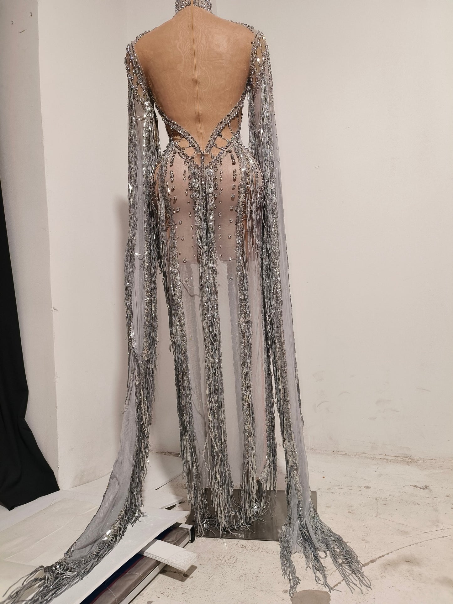 CELESINYI Tianhe Crystal Silver Cape Fringe Bodysuit