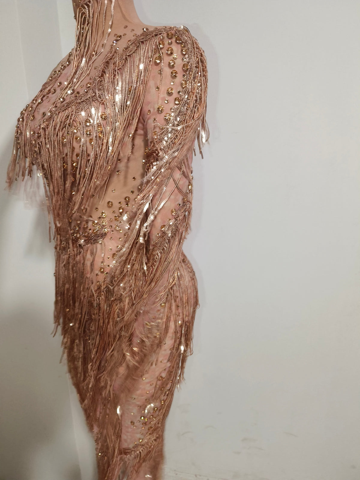 CELESINYI Liulang Crystal Rose Gold Fringe Dress