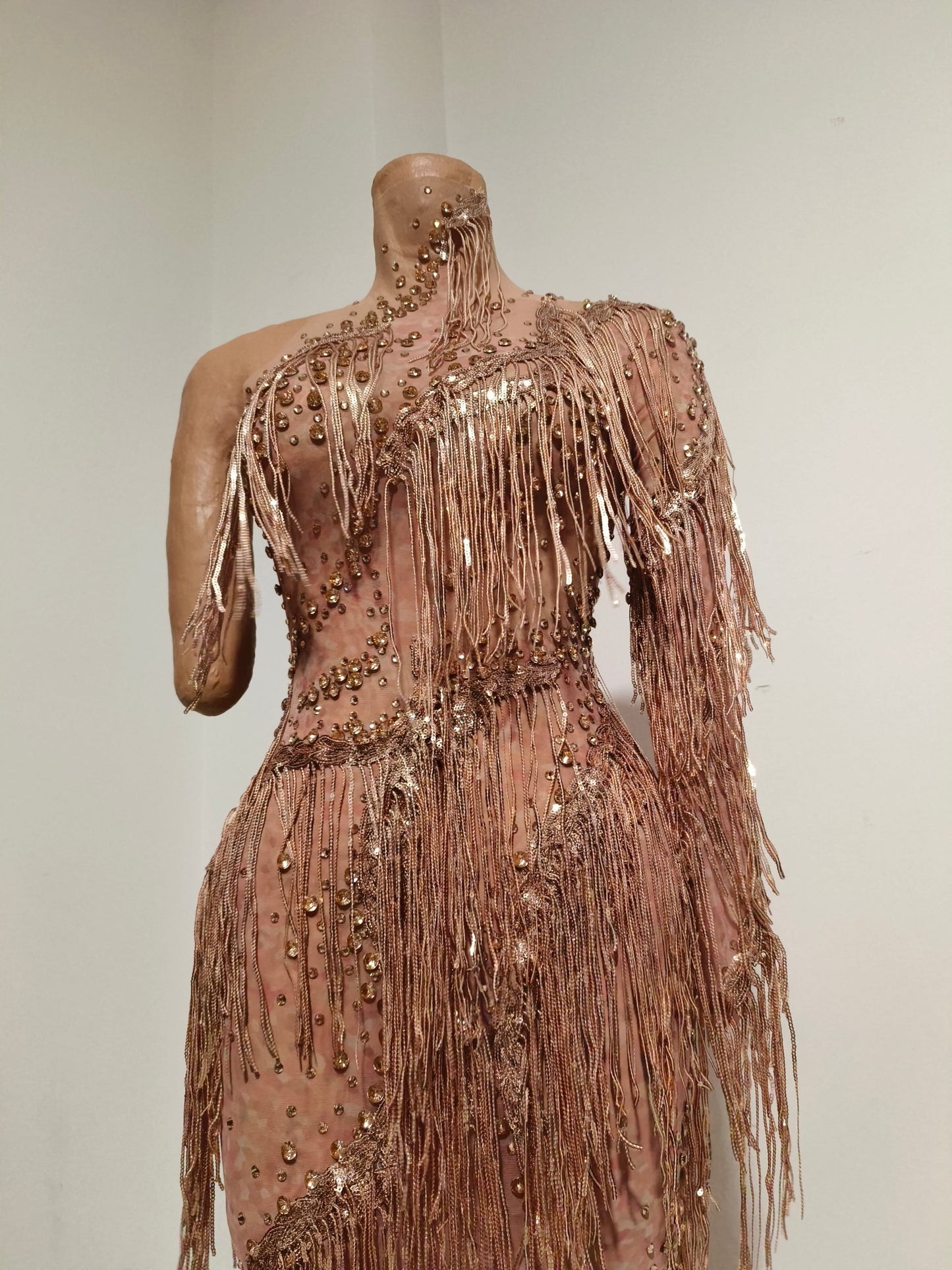 CELESINYI Liulang Crystal Rose Gold Fringe Dress