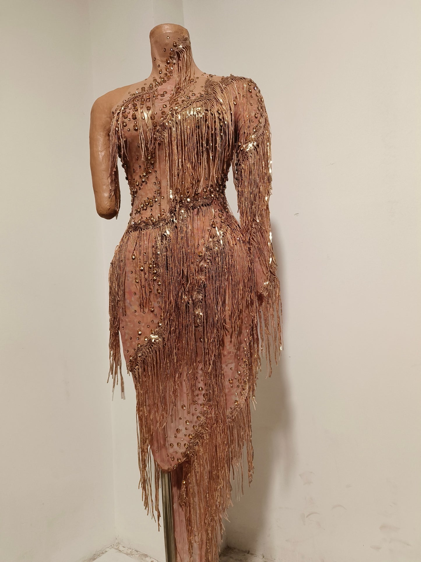 CELESINYI Liulang Crystal Rose Gold Fringe Dress