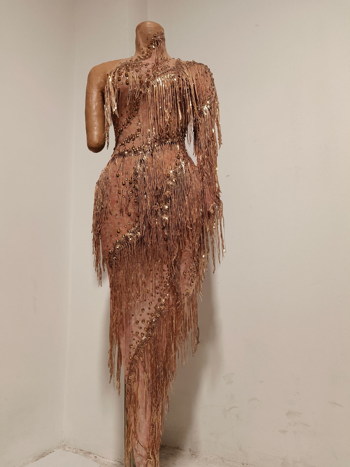 CELESINYI Liulang Crystal Rose Gold Fringe Dress