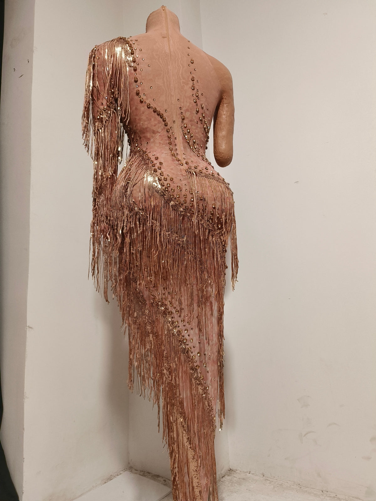 CELESINYI Liulang Crystal Rose Gold Fringe Dress