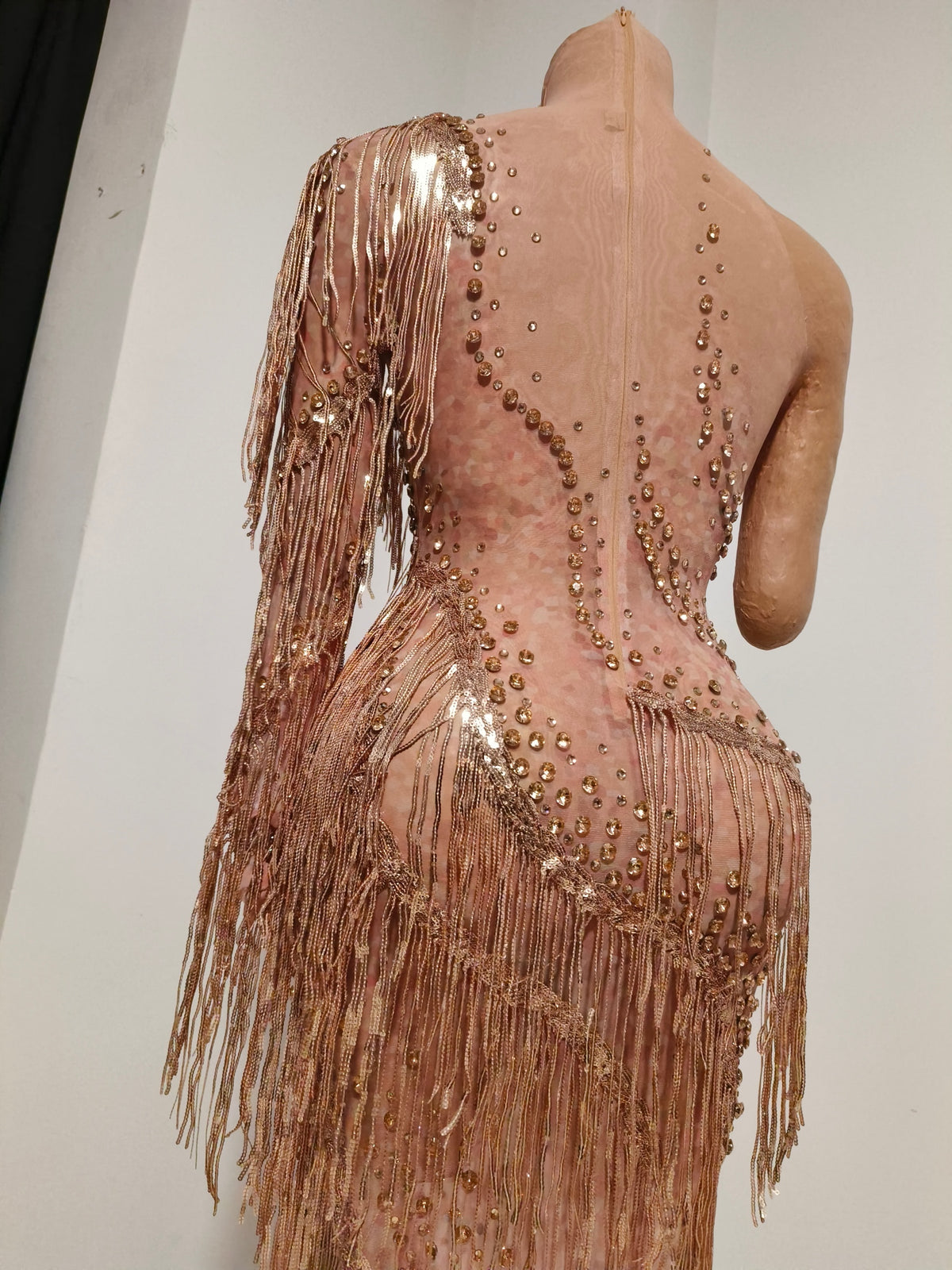 CELESINYI Liulang Crystal Rose Gold Fringe Dress