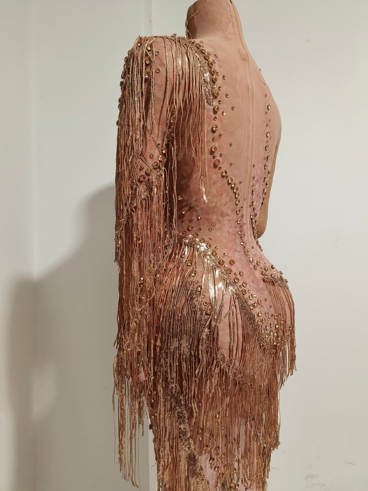 CELESINYI Liulang Crystal Rose Gold Fringe Dress